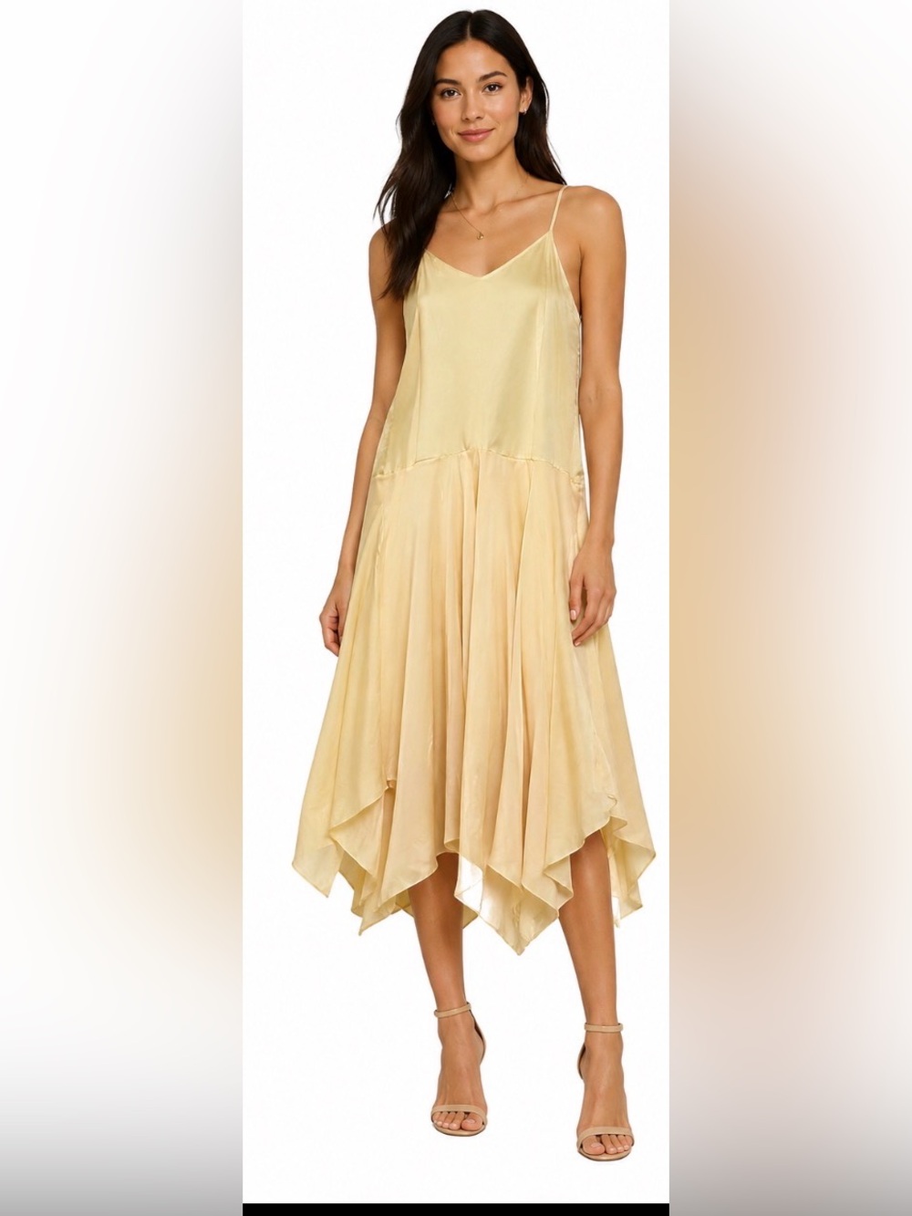 Oleg Cassini Dress silk size 6 Midi Peach Spaghetti-Strap Handkerchief Hem